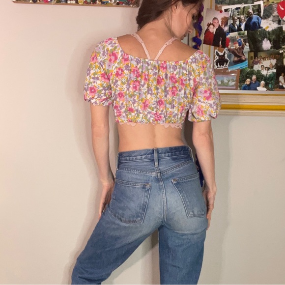 SOLD Pink Floral Peasant Spanish Crop Blouse - Picture 2 of 7